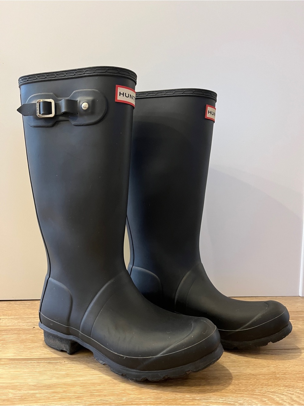 Hunter Matte Black Knee-High Rubber Rain Boots with Calf Buckle